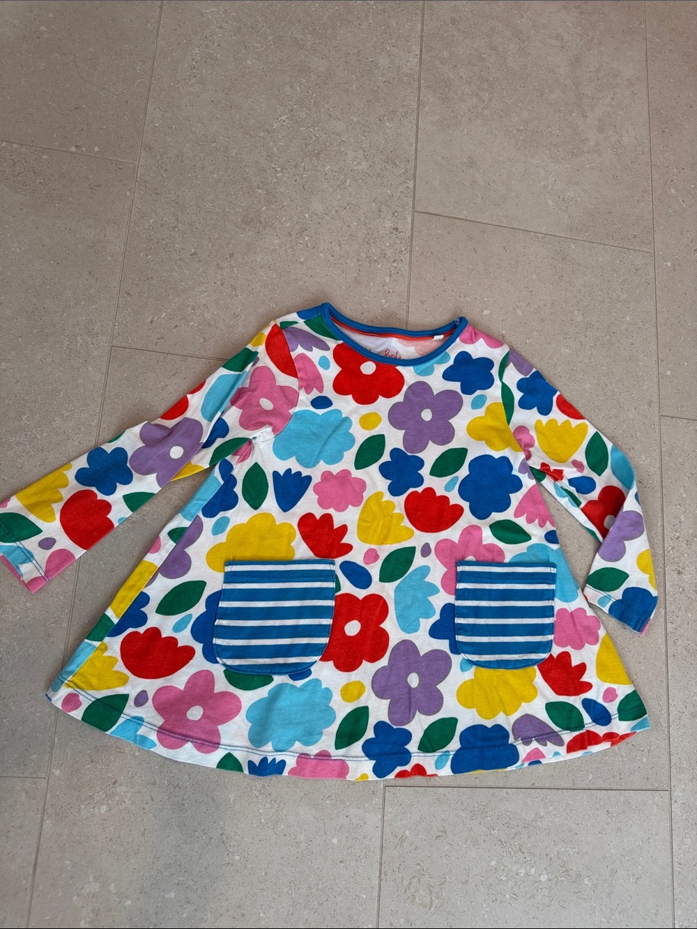 Mini Boden Bright Floral Long-Sleeve Swing Top with Blue Stripe Pockets